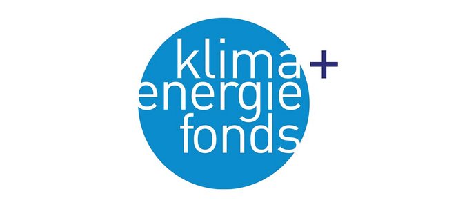 Logo des Klima- und Energiefonds. Blauer Kreis mit weißem Schriftzug darin.