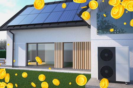 KI Generiertes Einfamilienhaus. Neubau mit Photovoltaik am Dach und einer Wärmepumpe an der Hausmauer montiert. Über dem Bild sind Euromünzen eingeblendet, die herumfliegen.