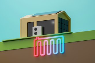 Ein KI generiertes Modell bild eines Hauses mit Wärmepumpe davor. Darunter sieht man im Erdreich die Wärme- und Kälterohre die das Haus versorgen.