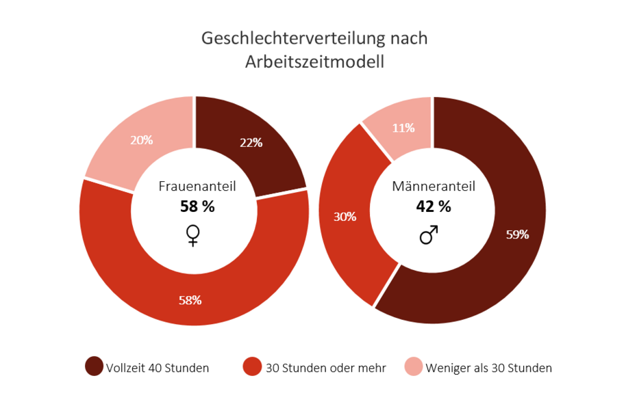 Geschlechterverteilung nach Arbeitszeitmodell (in Köpfen) in der Österreichischen Energieagentur. Stand Dezember 2023. 58% Frauen - davon 20% weniger als 30 Stunden, 58% 30 Stunden oder mehr, 22% Vollzeit. 42% Männer - davon 11% weniger als 30 Stunden, 30% 30 Stunden oder mehr und 59% Vollzeit mit 40 Stunden.