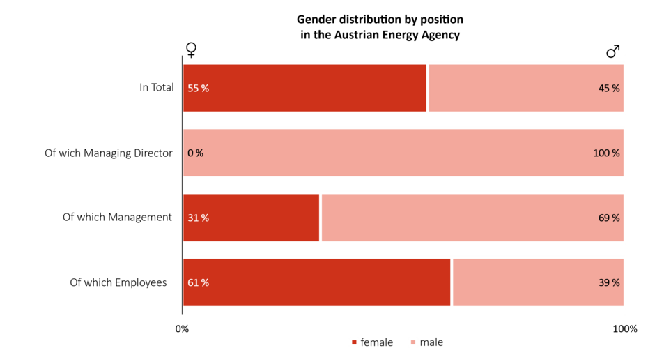 This graphic shows the gender distribution across different position levels:  Leadership: 55% women, 45% men.  Assistant roles: 100% women.  Scientific staff: 69% women, 31% men.  Other employees: 61% women, 39% men.