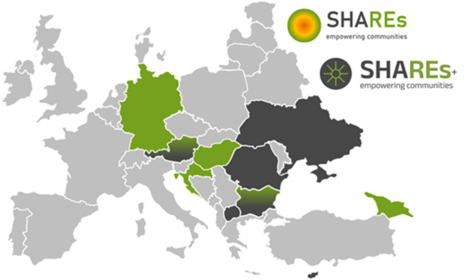 Eine EU Karte, in Grau. Die kooperierenden Länder von Shares und SharesPlus sind in Dunkelgrau und Grün hervorgehoben.
