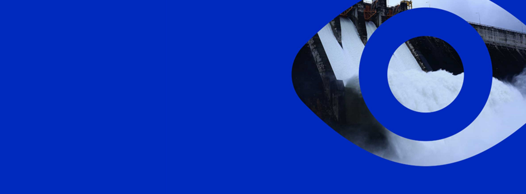 Blauer flächiger Hintergrund, auf dem ein Auge zu sehen ist in Vectorform. Im Auge ist ein Staudamm abgebildet.