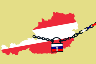 Vectorgrafik: Das Land Österreich von einer leinenartigen Kette umschlungen, davor mit einem Vorhängeschloss zugesperrt. Darauf zu sehen - die Farben ruslands