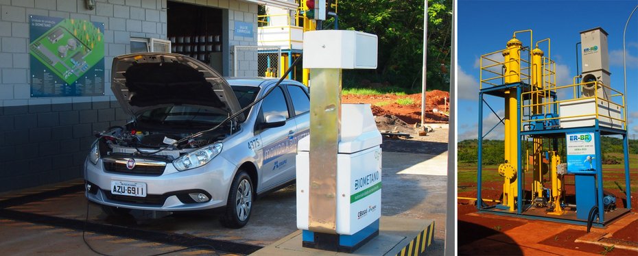 [Translate to English:] Biomethan Tankstelle mit Auto auf dem Gelände des Itaipu Technology Park (PTI) und Methanaufbereitungsanlage