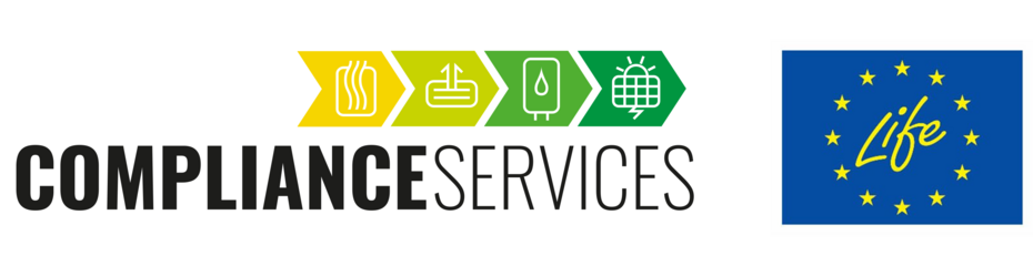 Zu sehen sind 2 Logos: Das Logo von dem Projekt Compliance Services und das EU-Life Logo