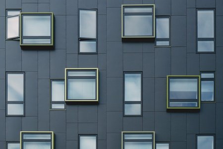 Schwarze Hausmauer in Nahaufnahme mit modernen Glasfenstern