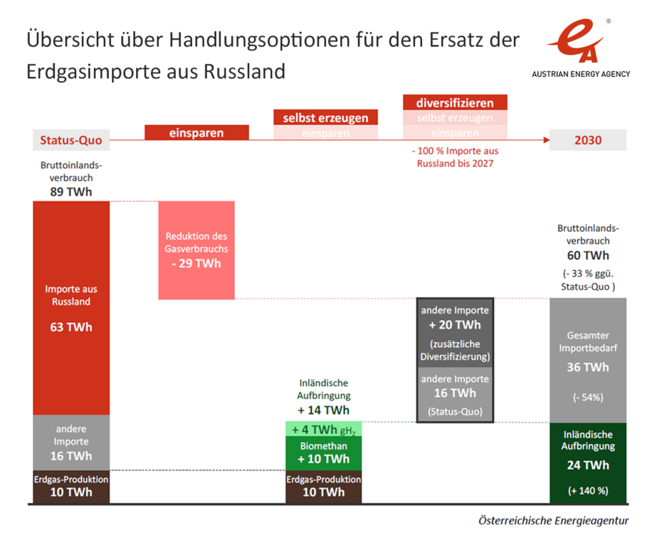 Balkengrafik mit einer Übersicht über Handlungsoptionen für den Ersatz der Erdgasimporte aus Russland. Zahlen und gehen auch aus Text hervor.